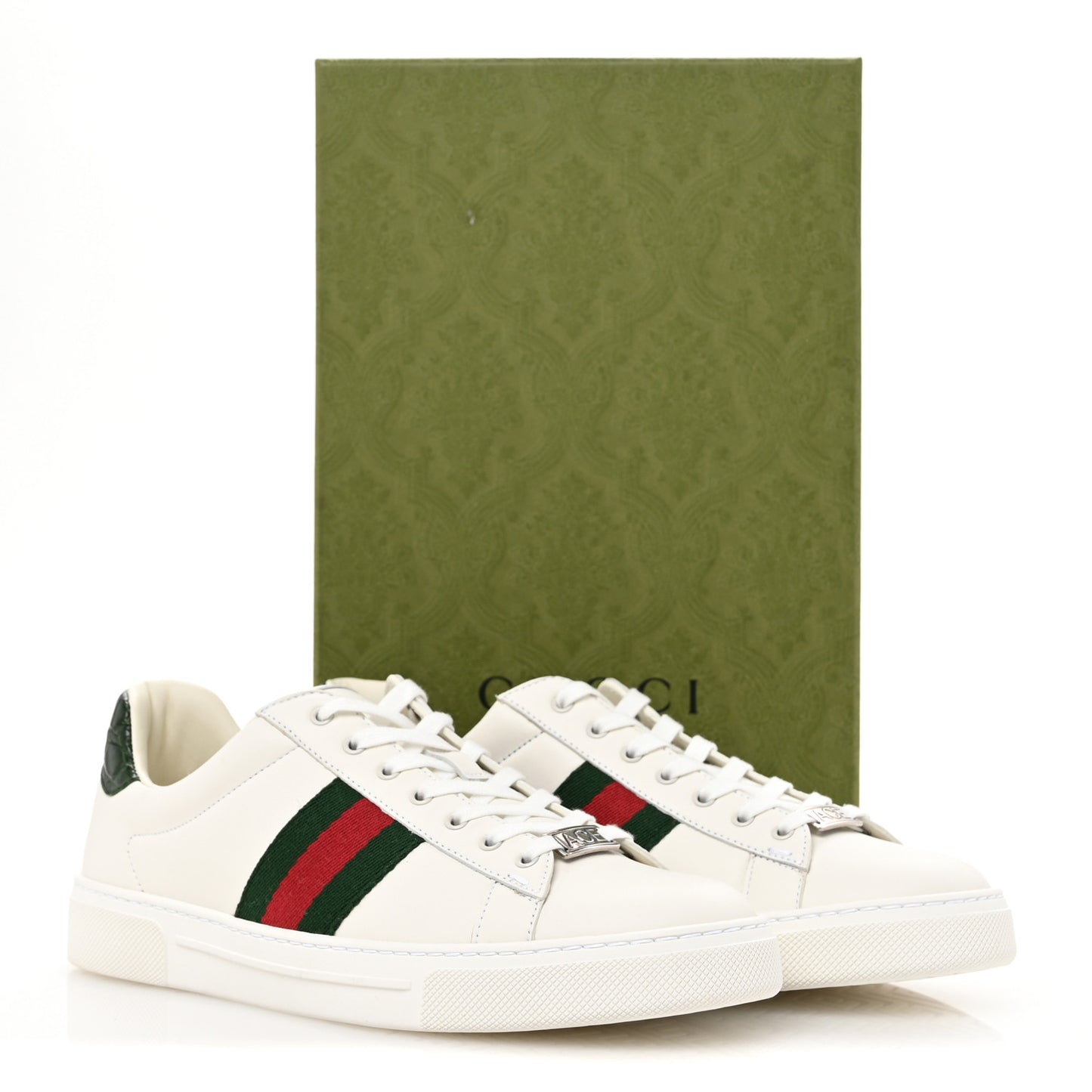 Calfskin Crocodile Web Womens Ace Sneakers 39 White Green