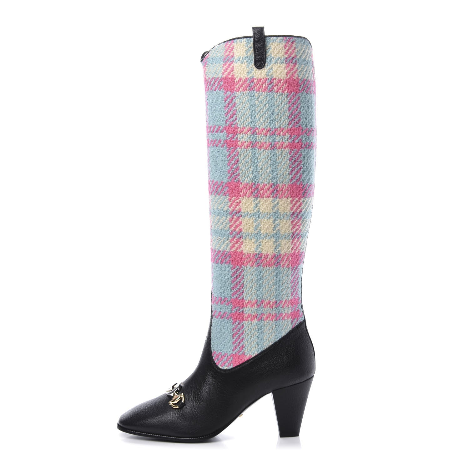 Gucci Tweed Wrinkled Kid Plaid Zumi Knee Boots 37 Black Pink Blue 1 of 8
