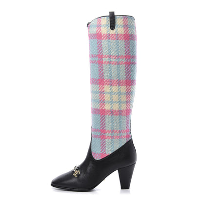 Gucci Tweed Wrinkled Kid Plaid Zumi Knee Boots 37 Black Pink Blue 1 of 8