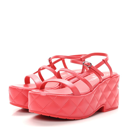 Chanel Calfskin Quilted Wedge Logo Sandals 37 Red 4 of 10