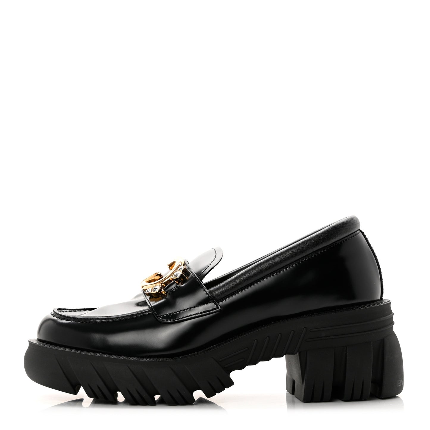 Magnum Calfskin Nappa Crystal Womens Interlocking G Platform Chunky Lug Sole 40mm Loafers 38.5 Black