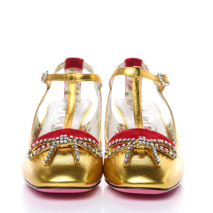 Gucci Metallic Nappa Velvet Crystal Bow Anita Pumps 38 Oro Hibiscus Red 2 of 8