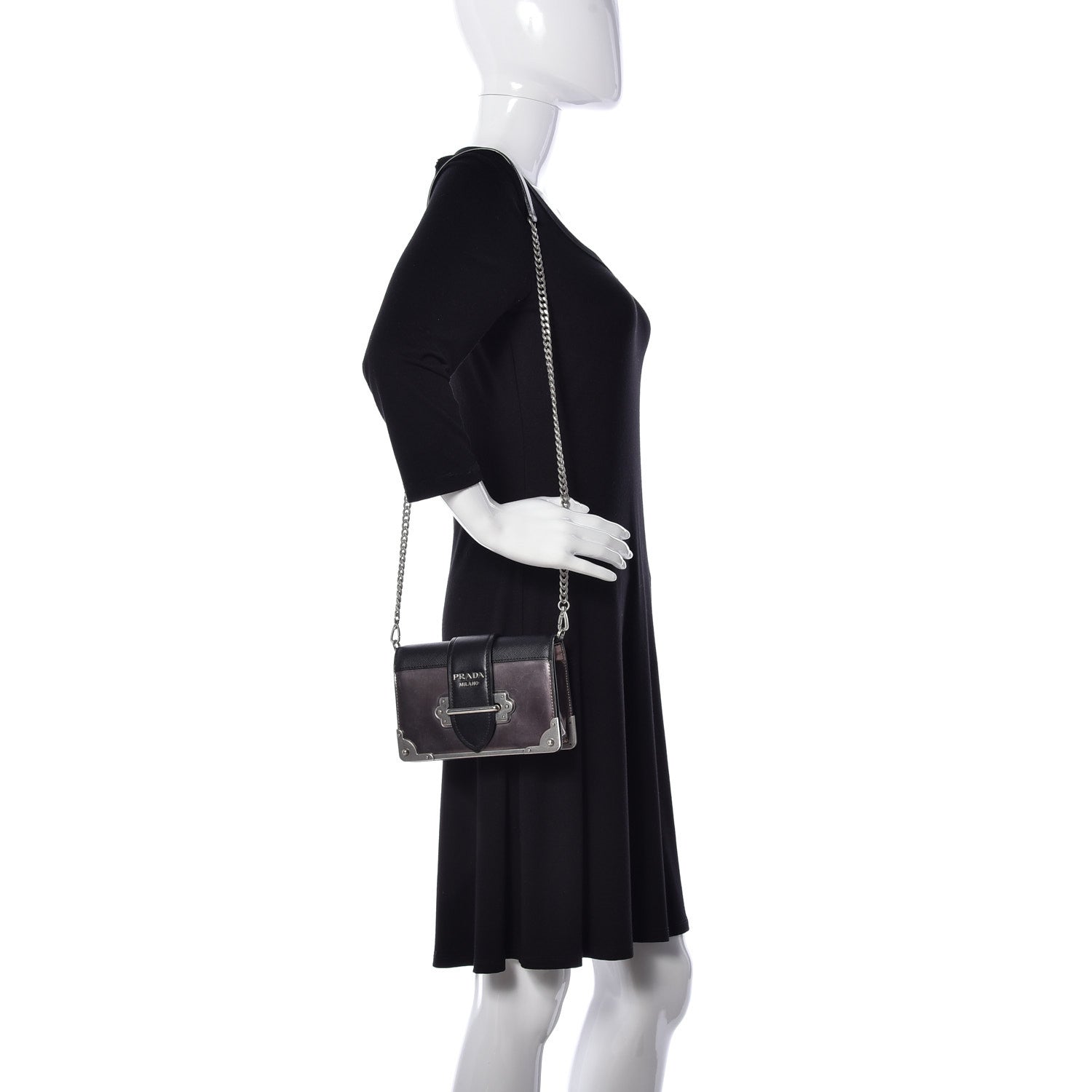 Prada Metallic Vitello Saffiano Cahier Bag Ferro Black 2 of 8