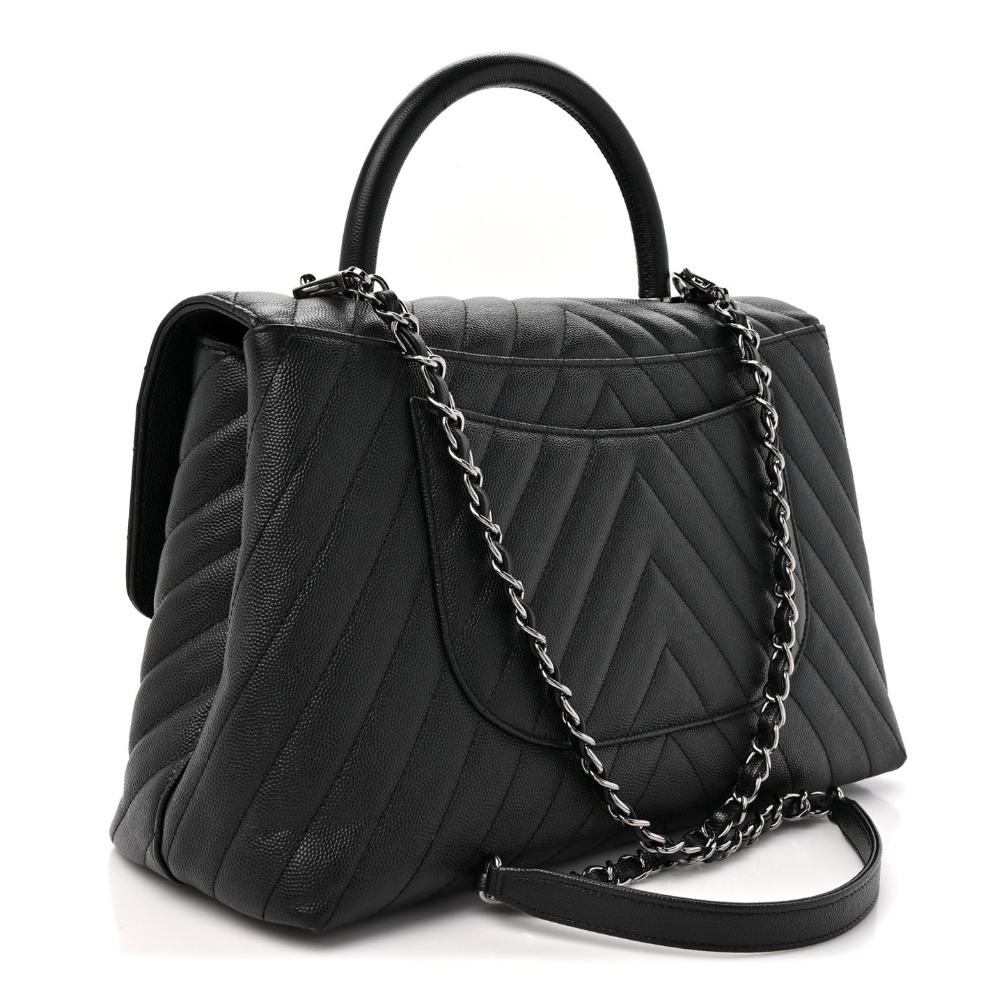 Caviar Chevron Quilted Medium Coco Handle Flap Black