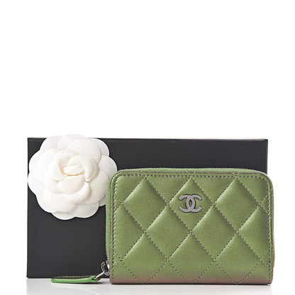 Chanel Metallic Lambskin Quilted Zip Around Coin Purse Wallet Green 8 of 8