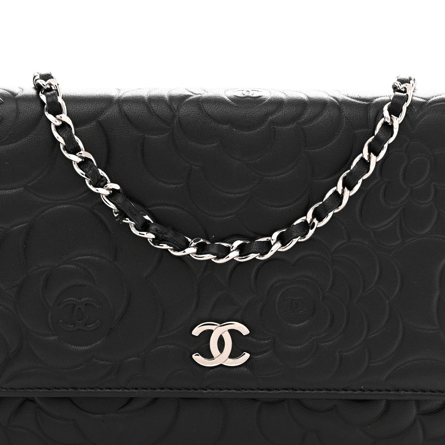 Lambskin Camellia Embossed Wallet On Chain WOC Black