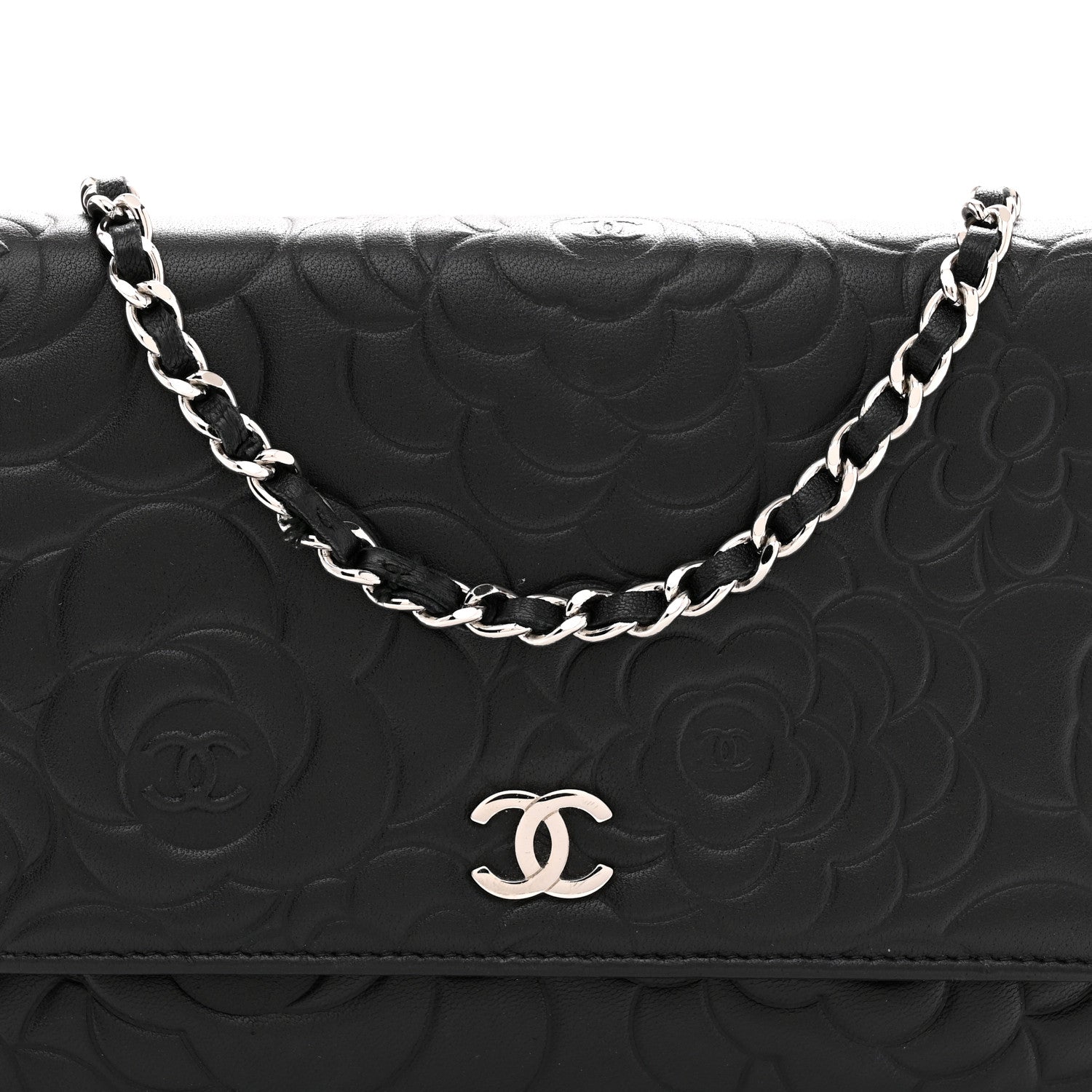 Chanel Lambskin Camellia Embossed Wallet On Chain WOC Black 8 of 15