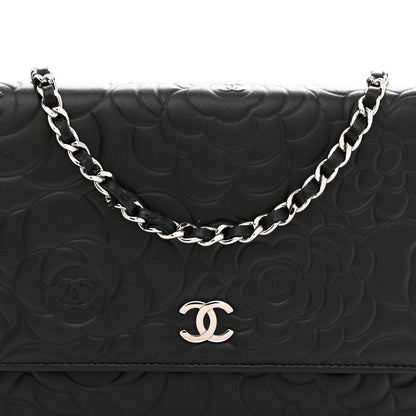 Chanel Lambskin Camellia Embossed Wallet On Chain WOC Black 8 of 15