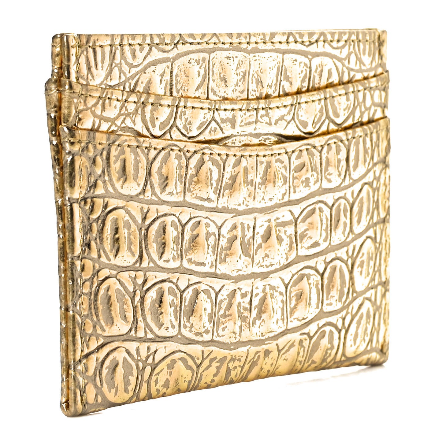 Metallic Calfskin Crocodile Embossed Cocodile Card Holder Gold