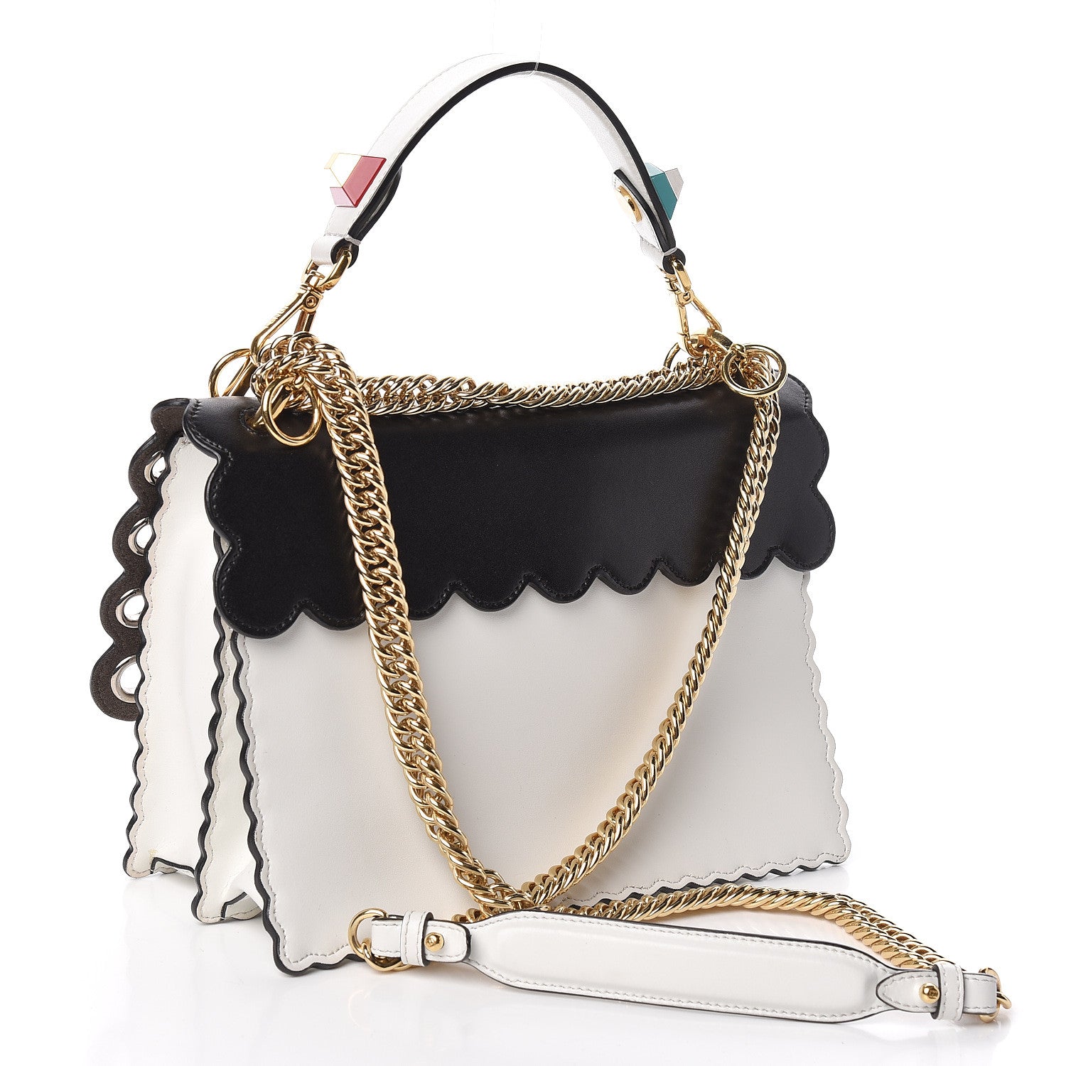 Fendi Calfskin Grommet Scalloped Kan I Shoulder Bag White Black Multicolor 3 of 10