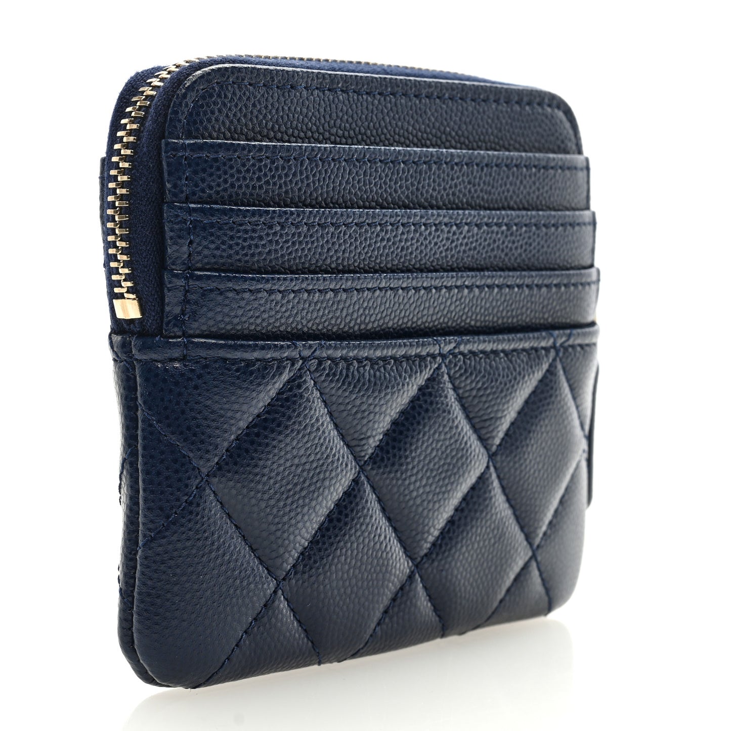 Caviar Quilted Crystal Zip Card Holder Wallet Navy