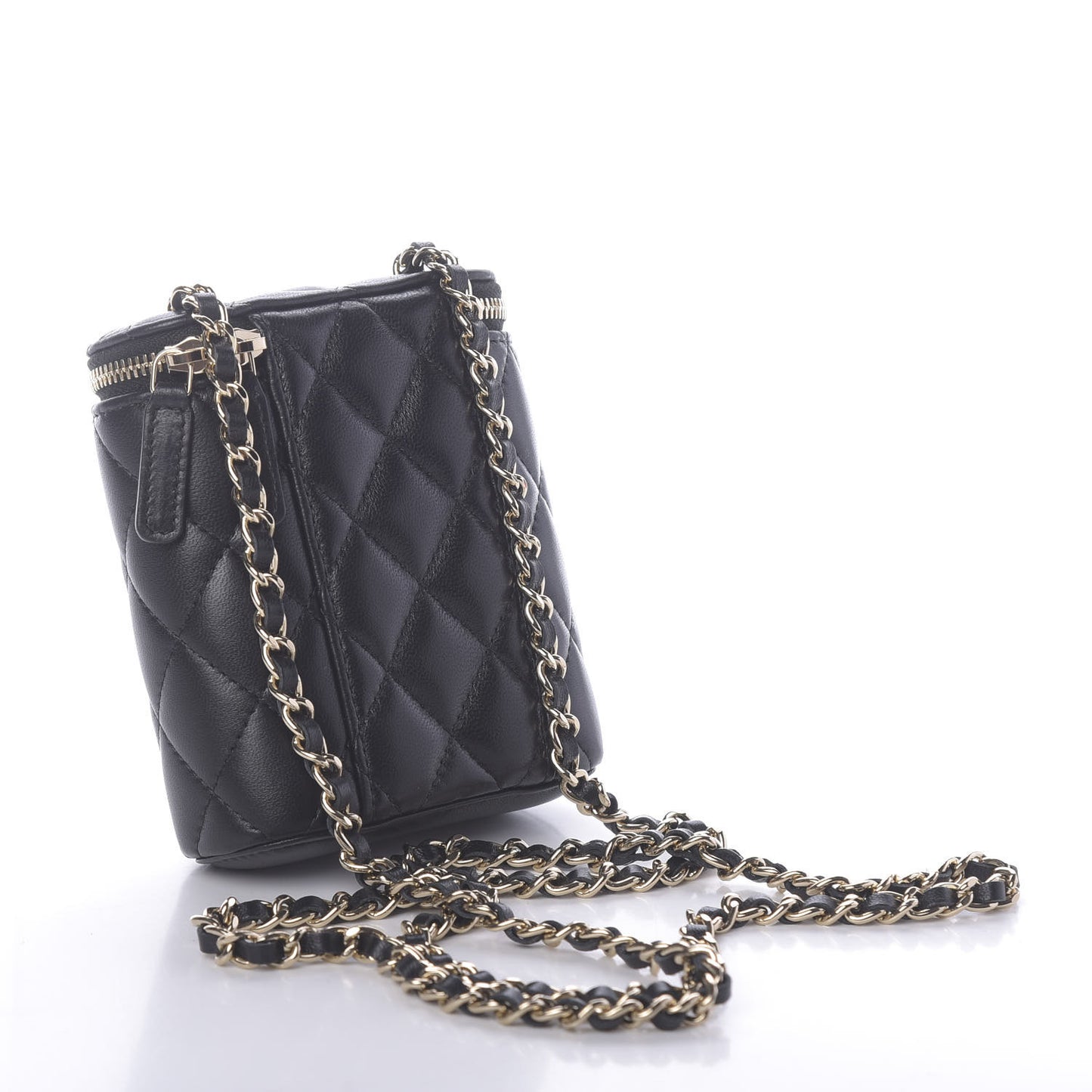 Lambskin Quilted Small Vertical Coco Beauty Vanity Case With Chain Black