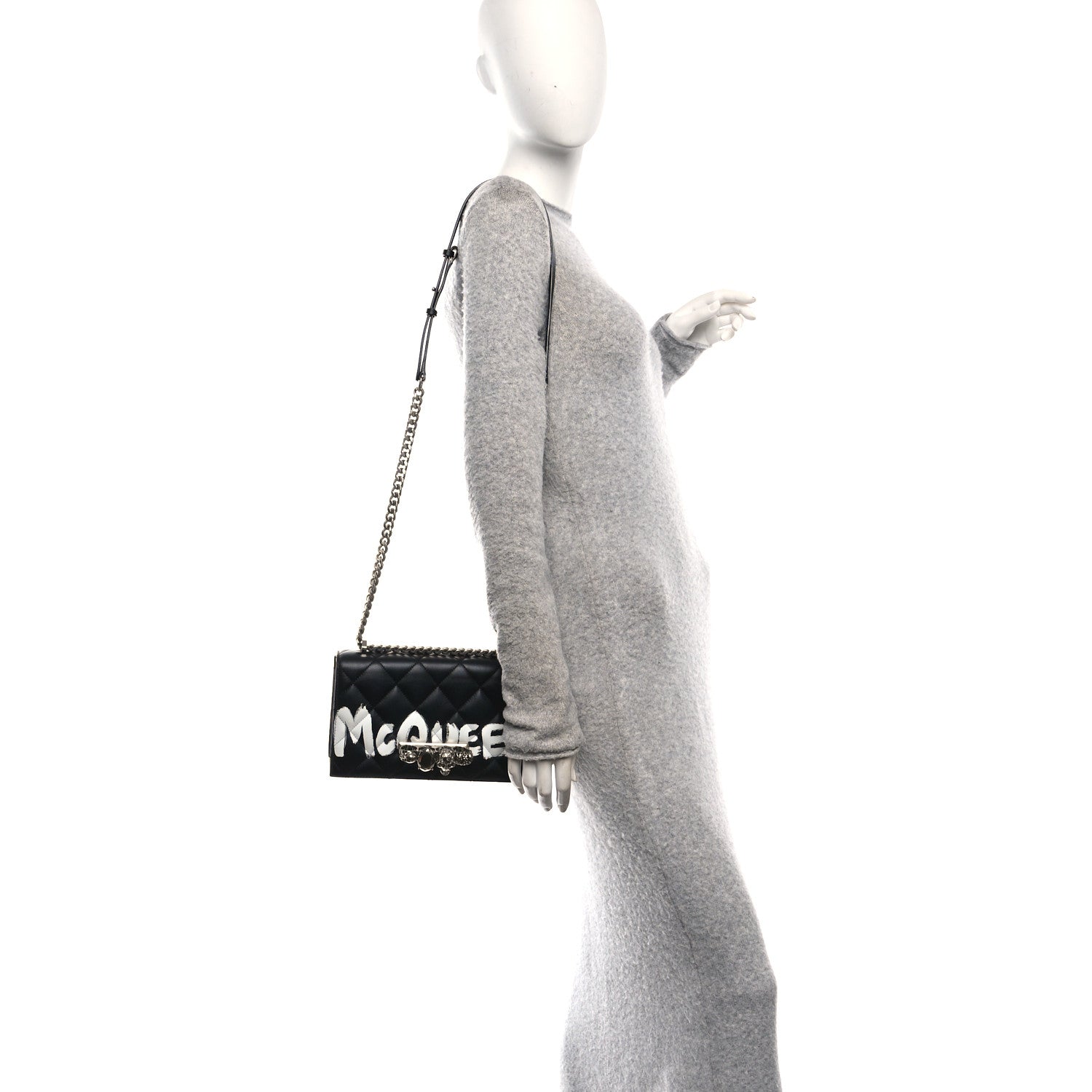 Alexander McQueen Calfskin Quilted Graffiti Knuckle Shoulder Bag Black 2 of 9