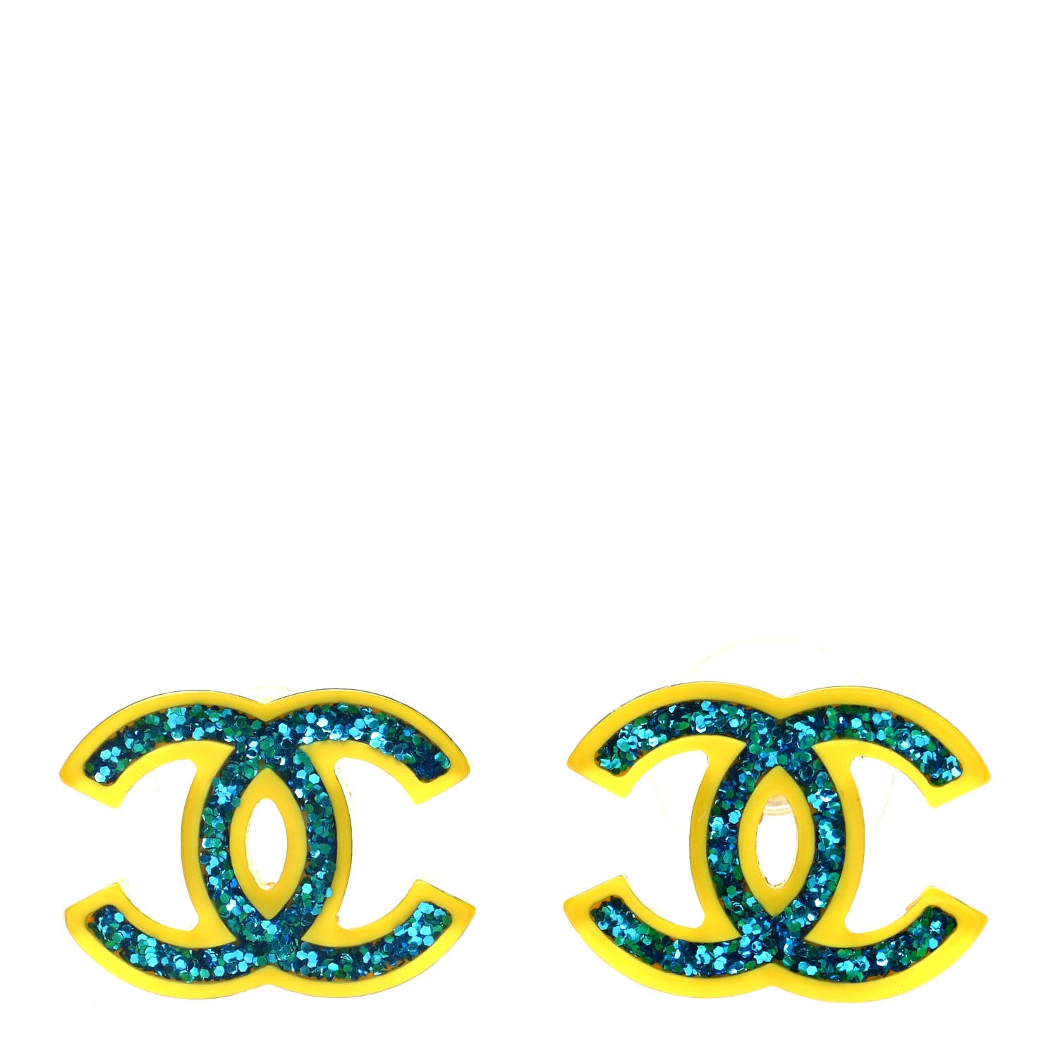 Chanel Glitter Resin CC Earrings Yellow Blue 1 of 4