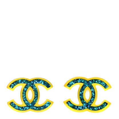 Chanel Glitter Resin CC Earrings Yellow Blue 1 of 4