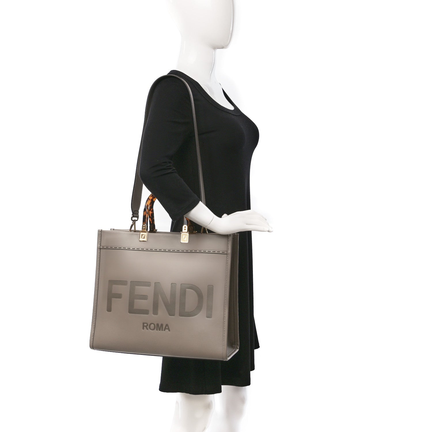 Fendi Vitello King Plexiglass Logo Embossed Medium Fendi Sunshine Shopper Tote Tortora 2 of 8