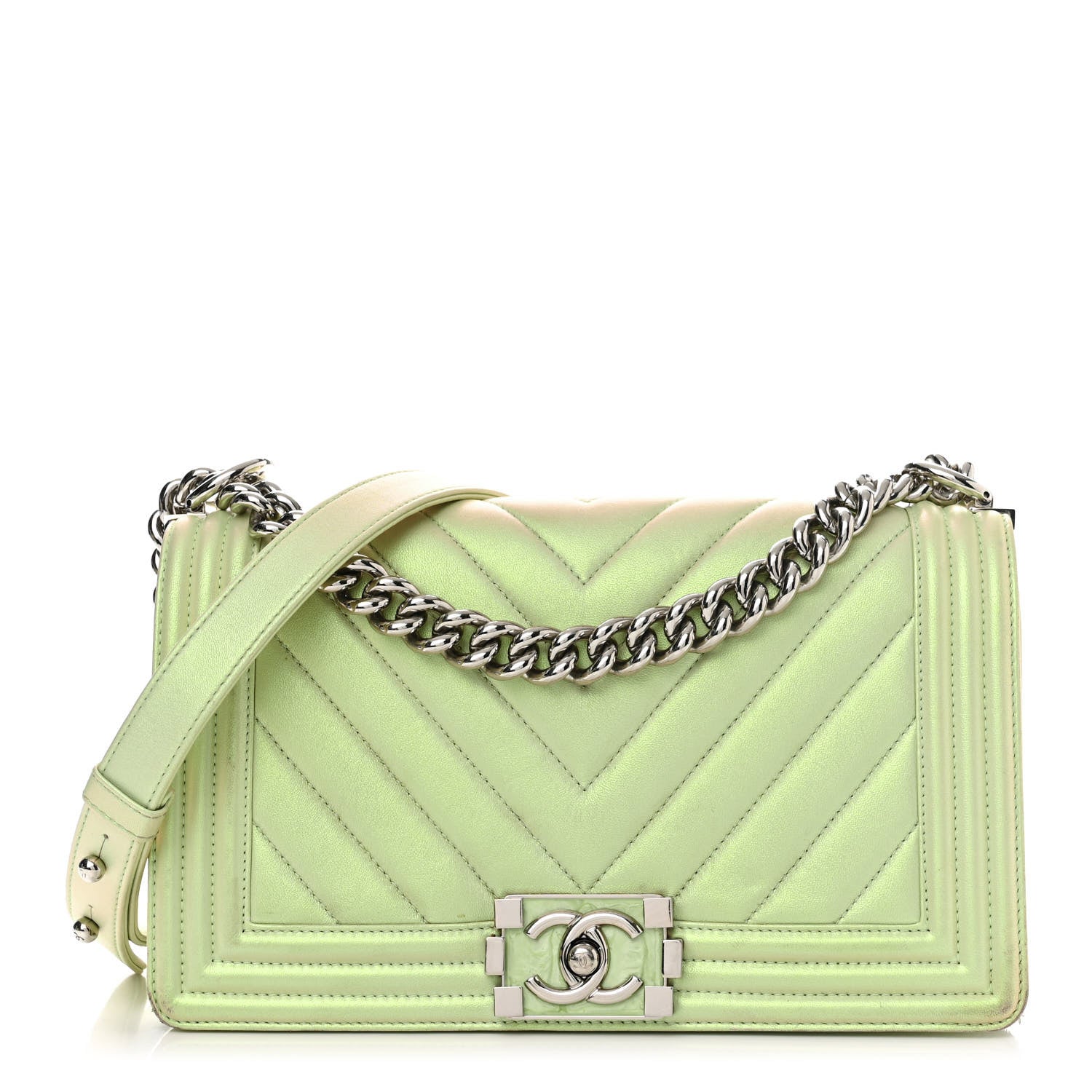 Chanel Iridescent Lambskin Chevron Quilted Medium Boy Flap Green 1 of 17