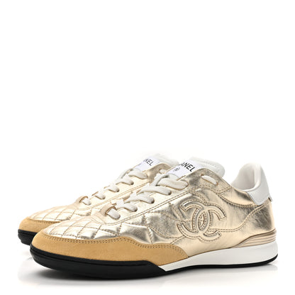 Chanel Laminated Calfskin Suede Quilted Womens CC Sneakers 37 Gold 3 of 10