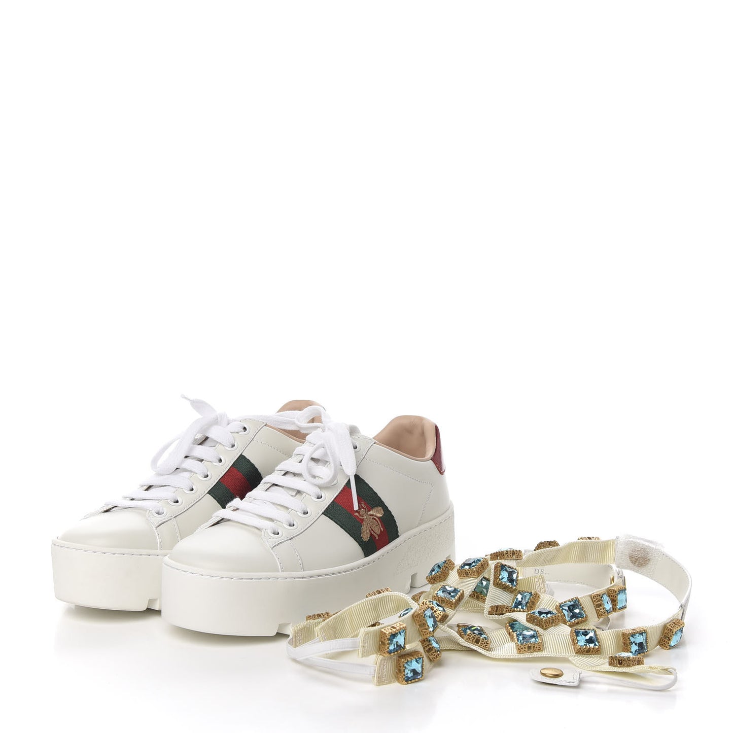 Calfskin Removable Crystals Bee Embroidered Womens Ace Platform Sneakers 35 White