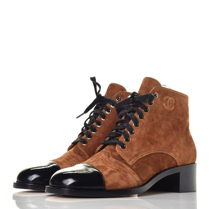 Chanel Suede Patent Cap Toe CC Boots 39 Beige Black 3 of 9