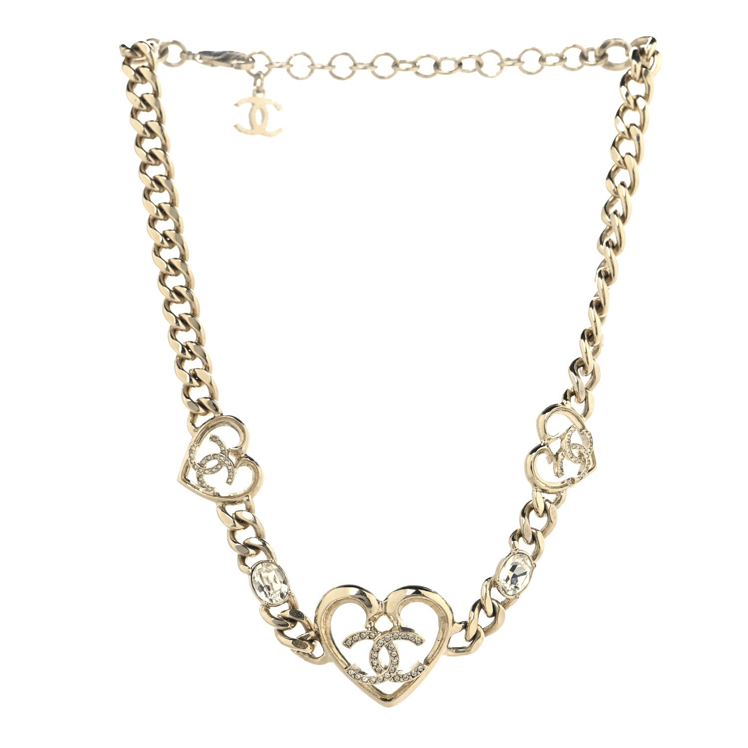 Chanel Metal Crystal Heart CC Chain Necklace Gold 3 of 5