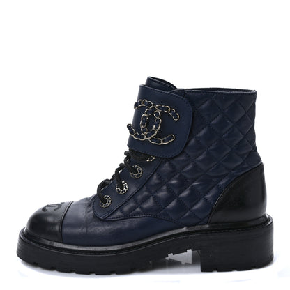 Chanel Lambskin Calfskin Quilted Lace Up Combat Boots 37 Navy 1 of 8