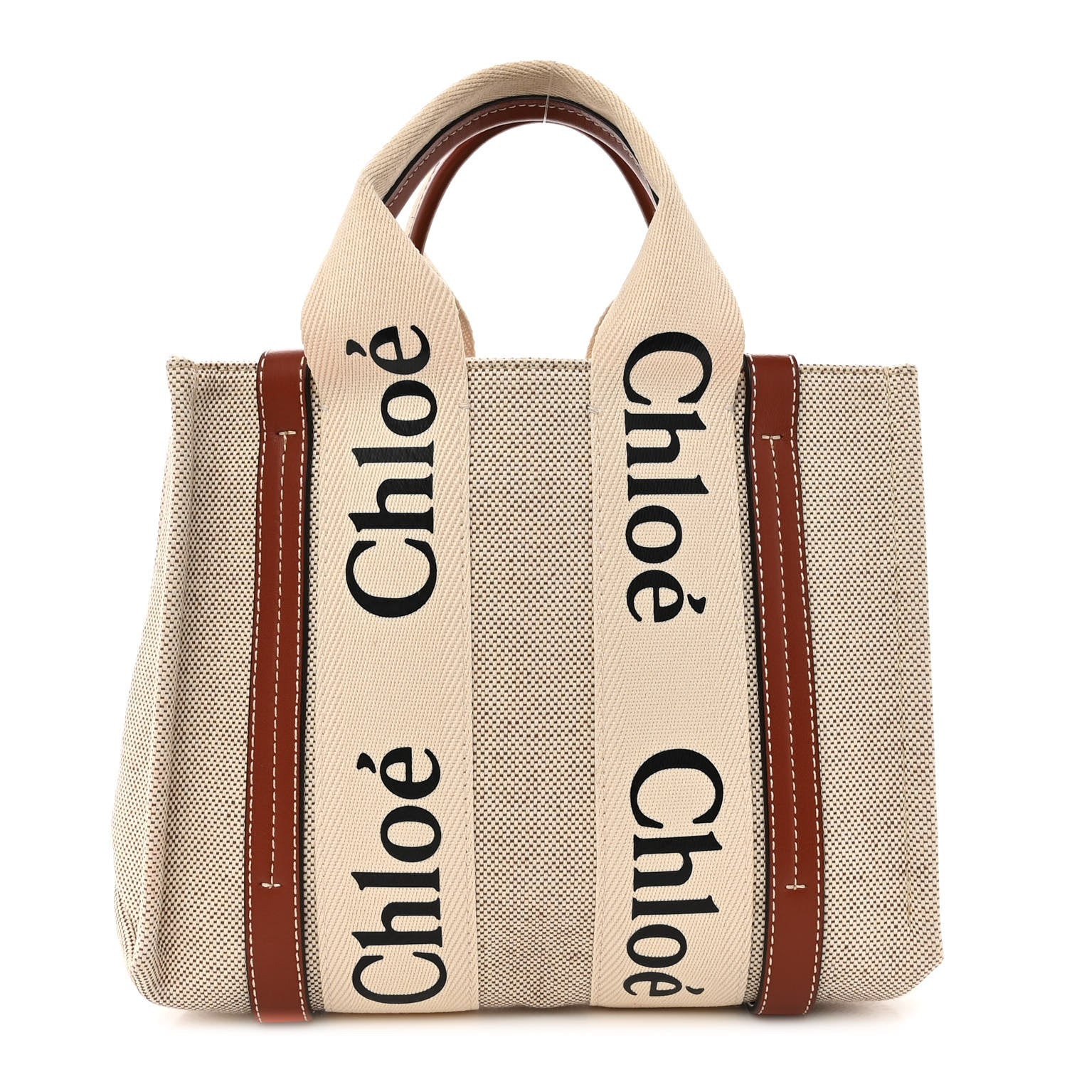 Chloe Cotton Calfskin Small Woody Ribbon Tote White Brown 1 of 12
