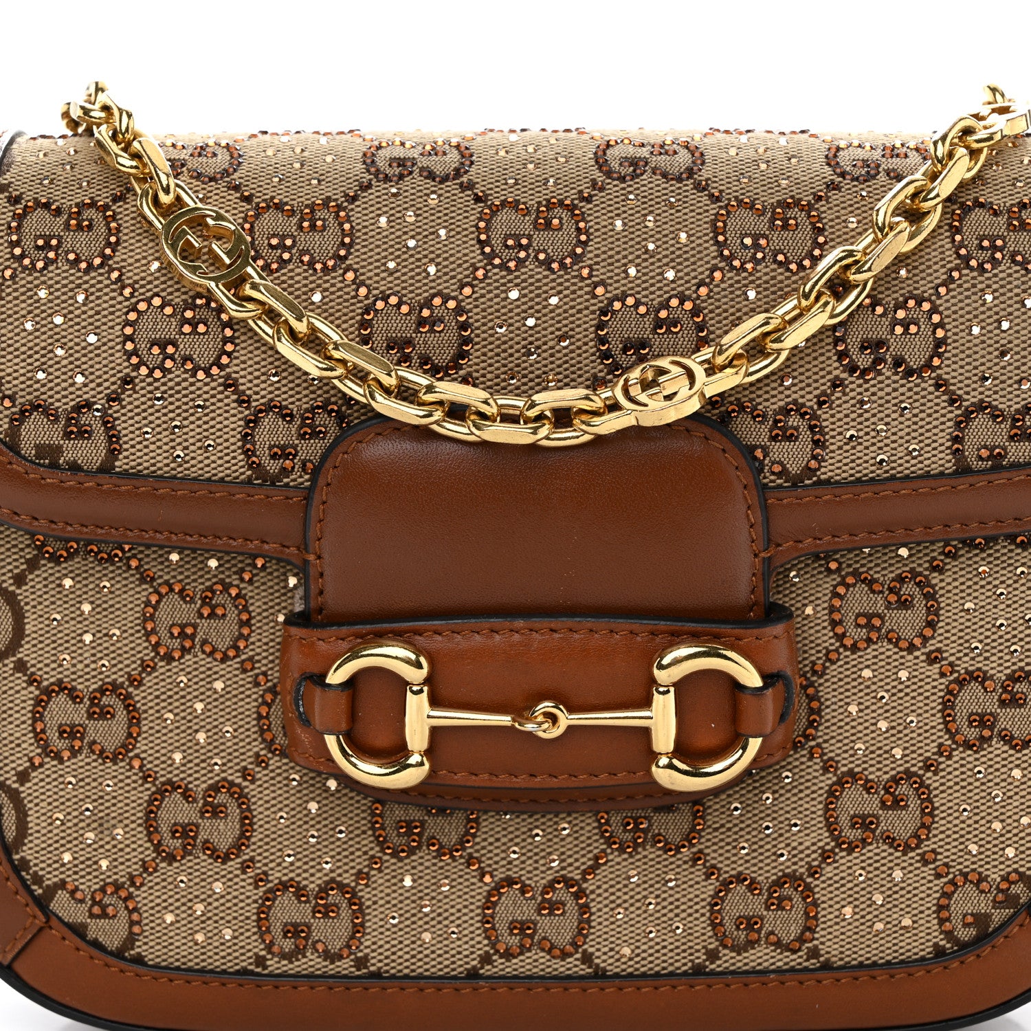 Gucci New Canvas Charisma Calfskin Crystal GG Monogram Mini Horsebit 1955 Shoulder Bag Camel Ebony 8 of 12
