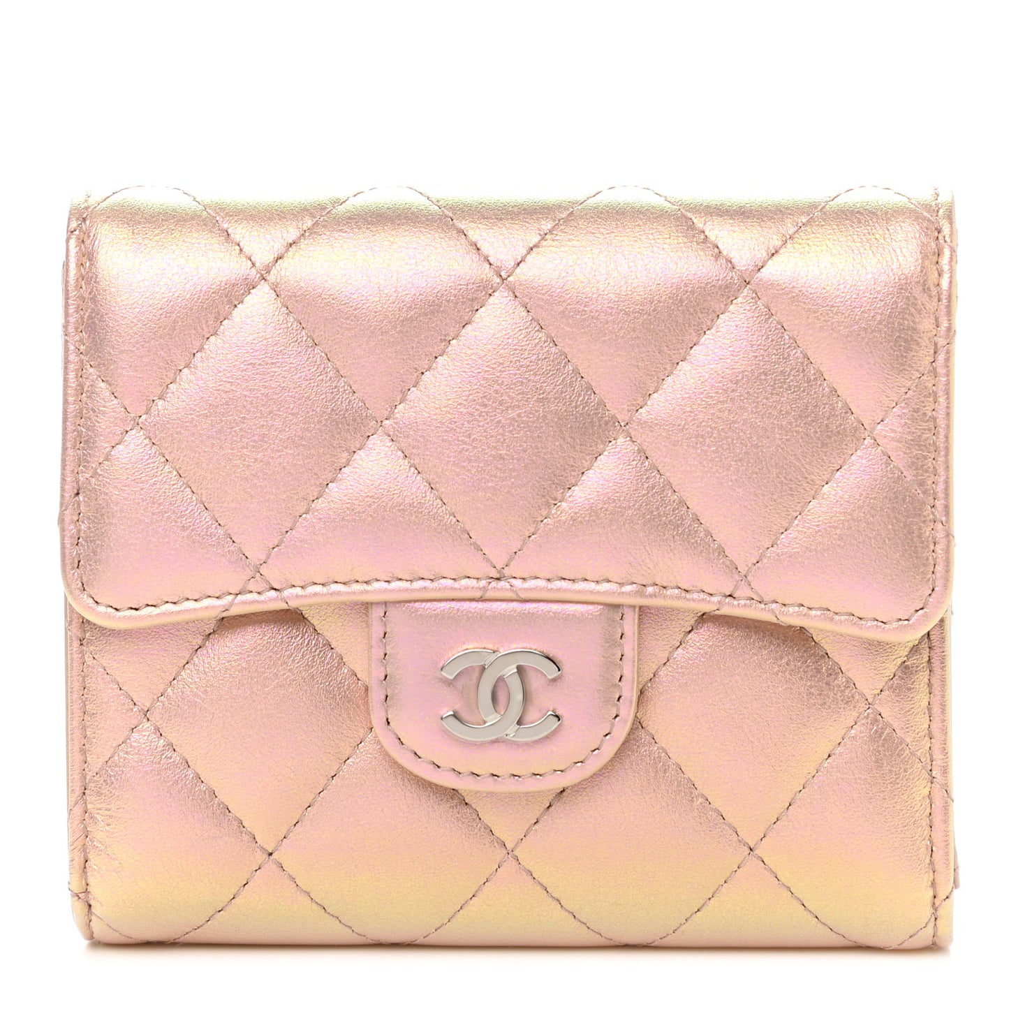 Iridescent Calfskin Quilted Compact Flap Wallet Pink