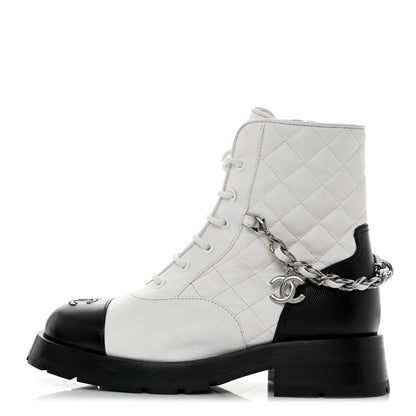 Chanel Caviar Calfskin Quilted Chain Lace Up Combat Boots 35.5 White Black 1 of 9