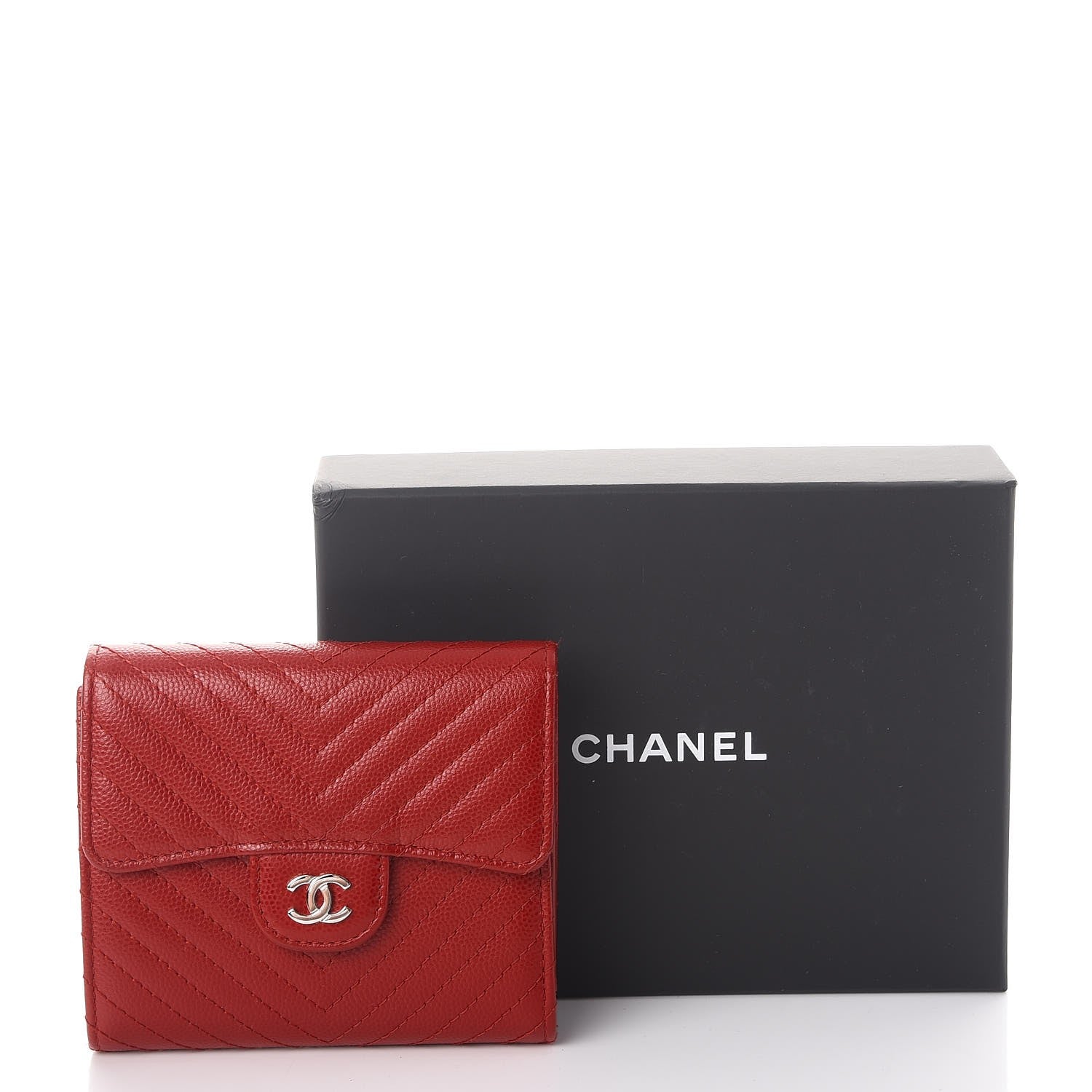 Chanel Caviar Chevron Quilted Compact Flap Wallet Dark Red 9 of 9