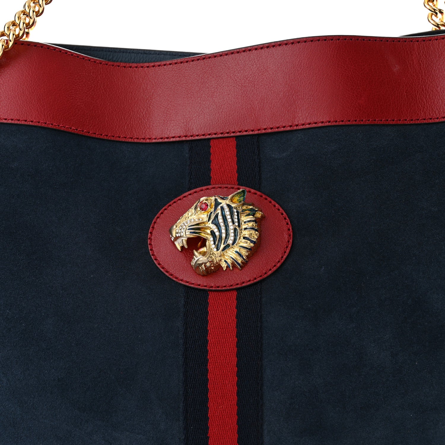Gucci Suede Calfskin Large Rajah Chain Tote New Blue Romantic Cherry 9 of 12