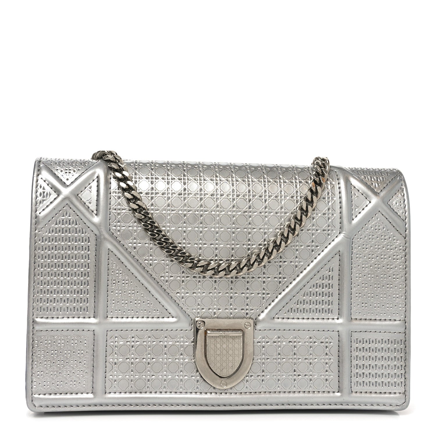 Christian Dior Metallic Patent Micro-Cannage Diorama Wallet on Chain Pouch Silver 1 of 10