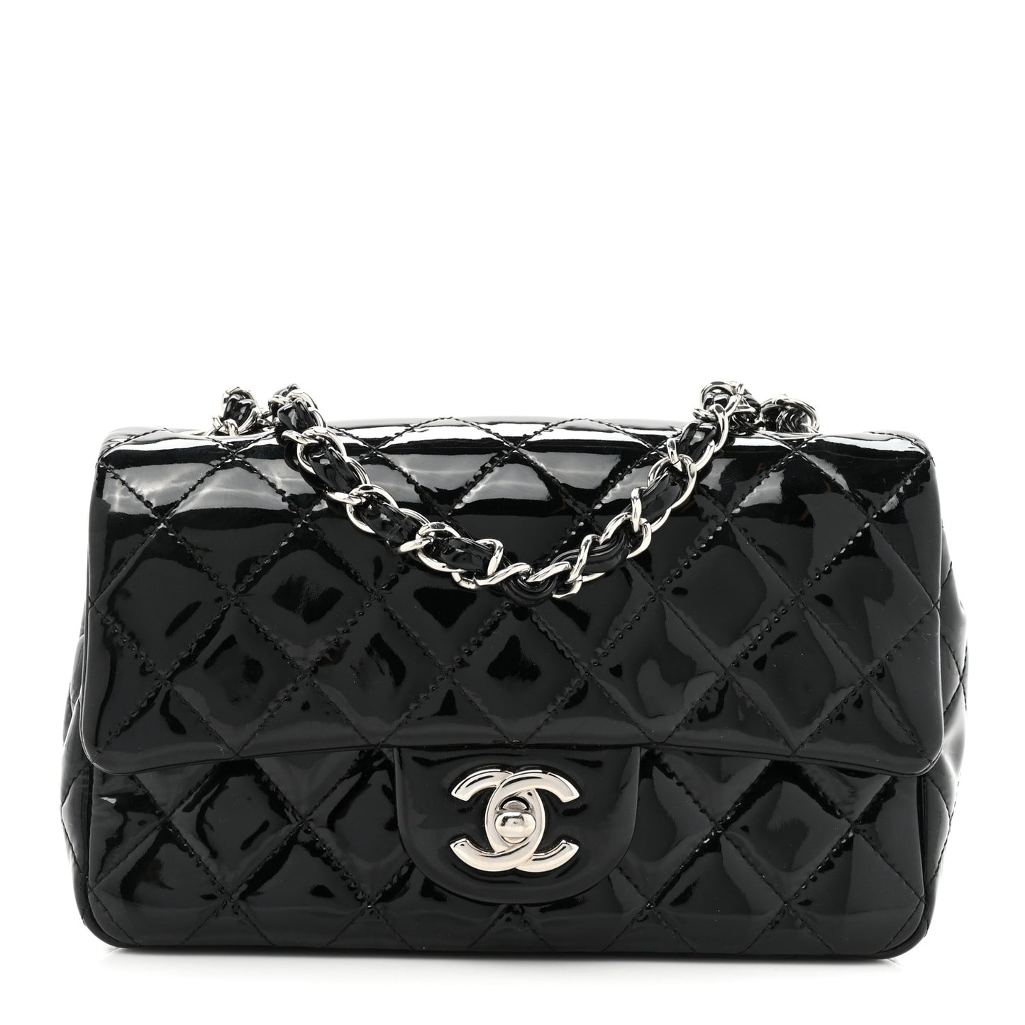 Patent Calfskin Quilted Mini Rectangular Flap Black