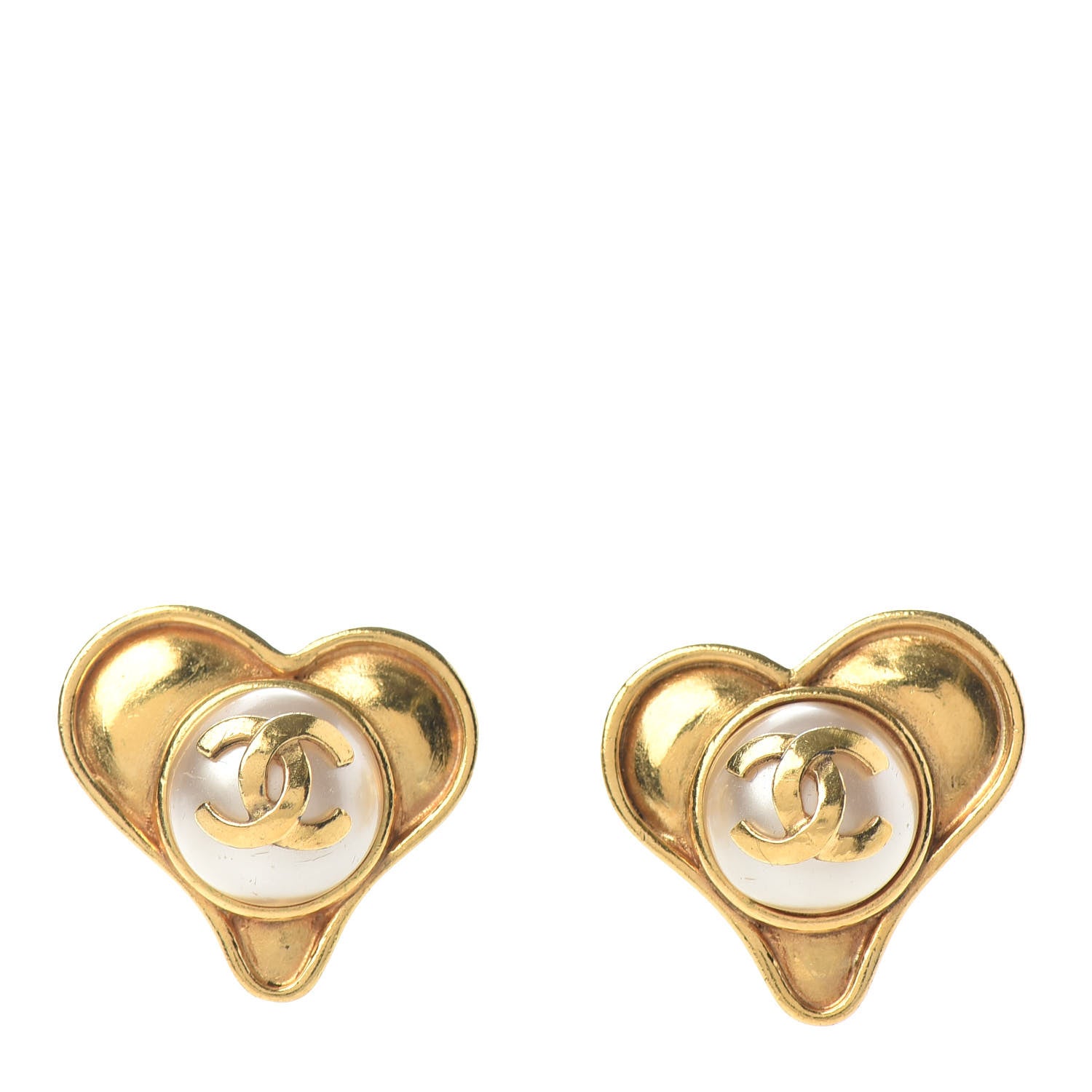 Chanel Pearl Heart Clip On Earrings Gold 1 of 4