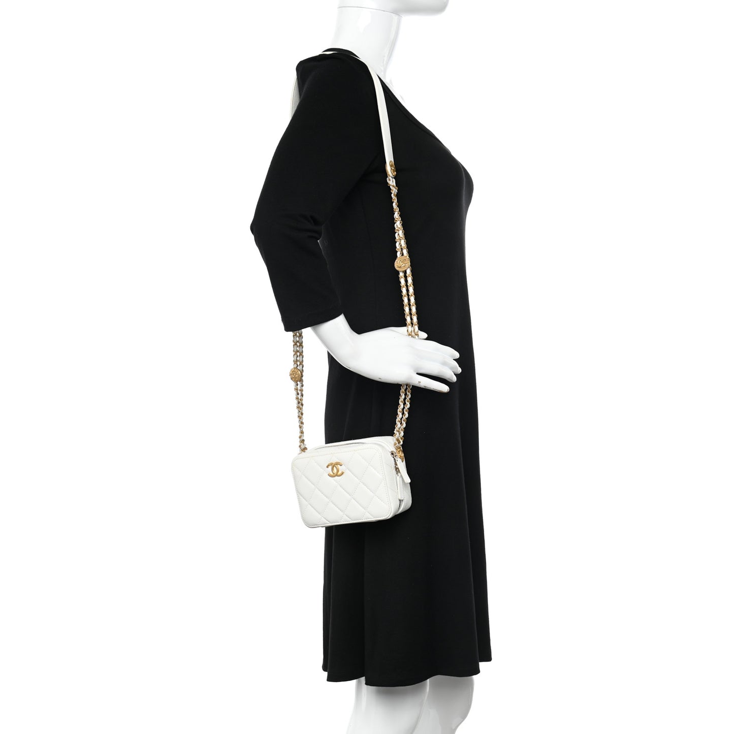 Caviar Quilted Twist Your Buttons Clutch With Chain White