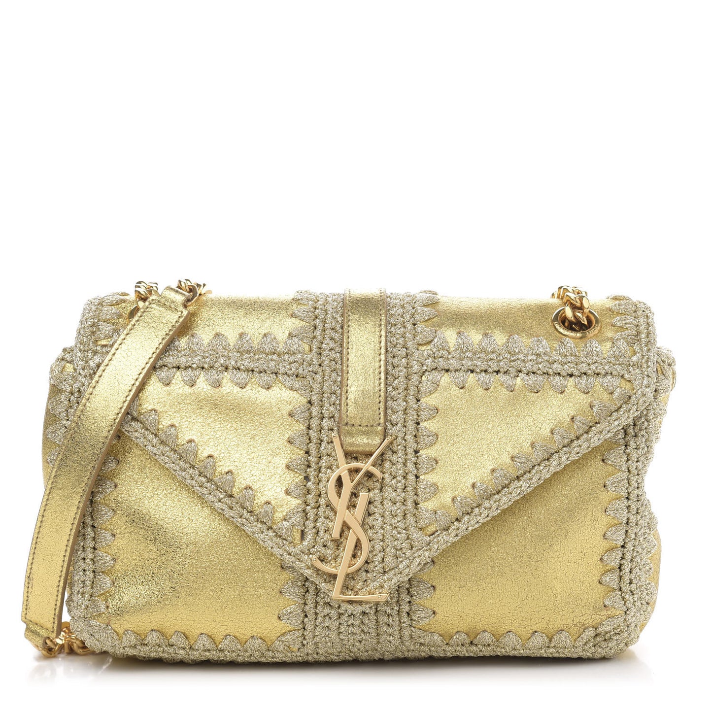 Metallic Calfskin Macrame Medium College Monogram Satchel Gold