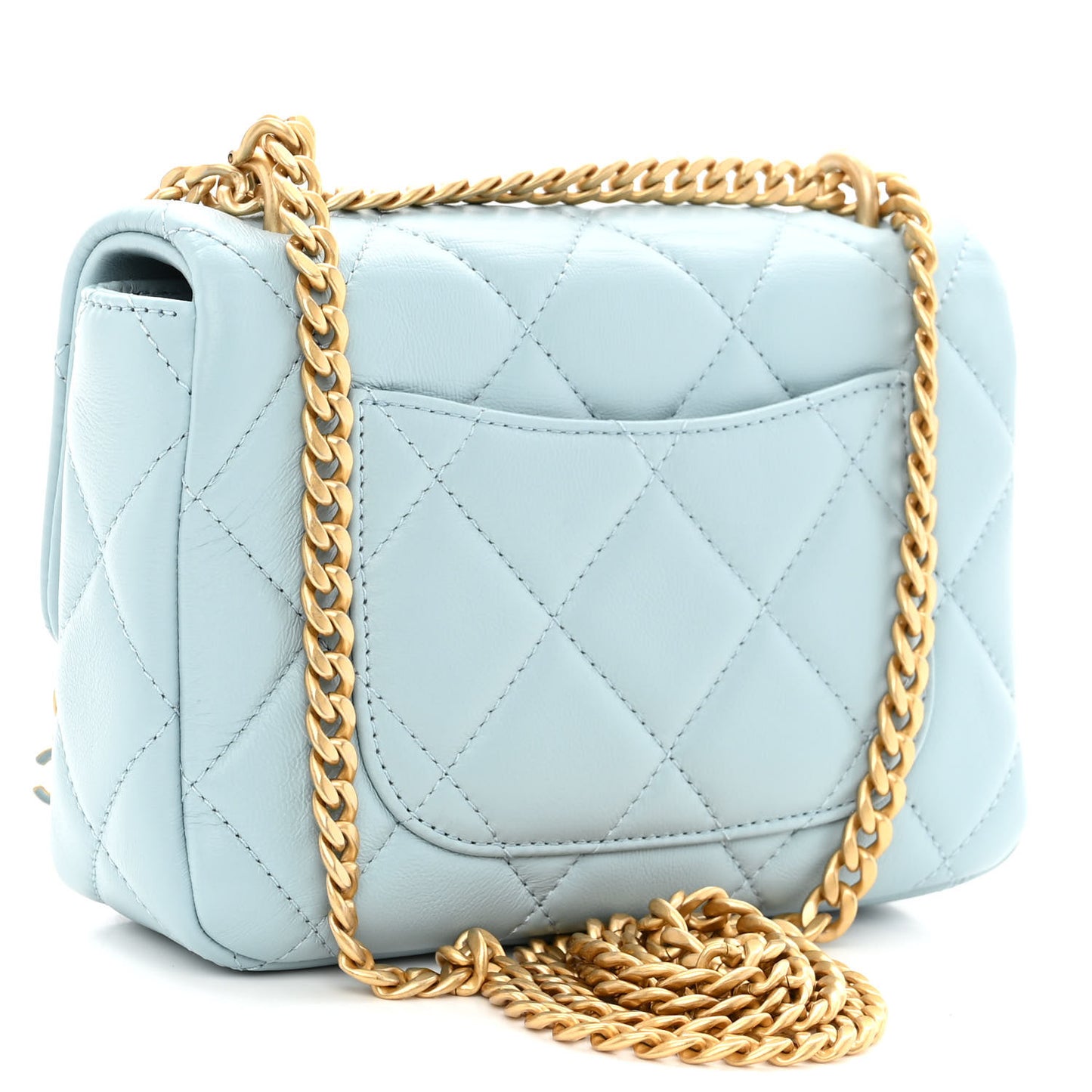 Lambskin Enamel Quilted Mini Pending CC Square Flap Light Blue
