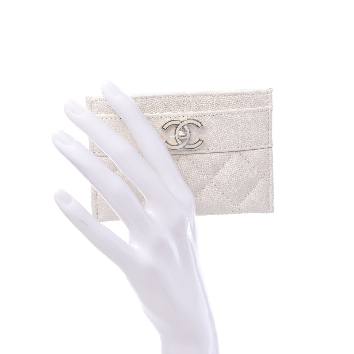 Metallic Caviar Quilted Vintage Mademoiselle Card Holder White