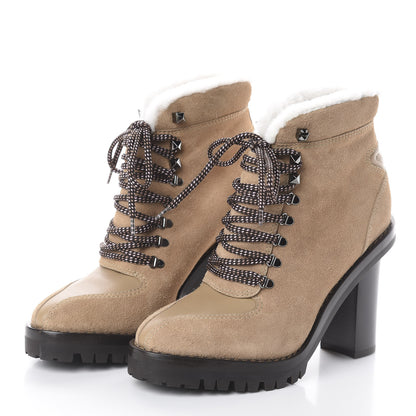 Valentino Garavani Suede Shearling Lace-Up Ankle Boots 39 Beige 2 of 8