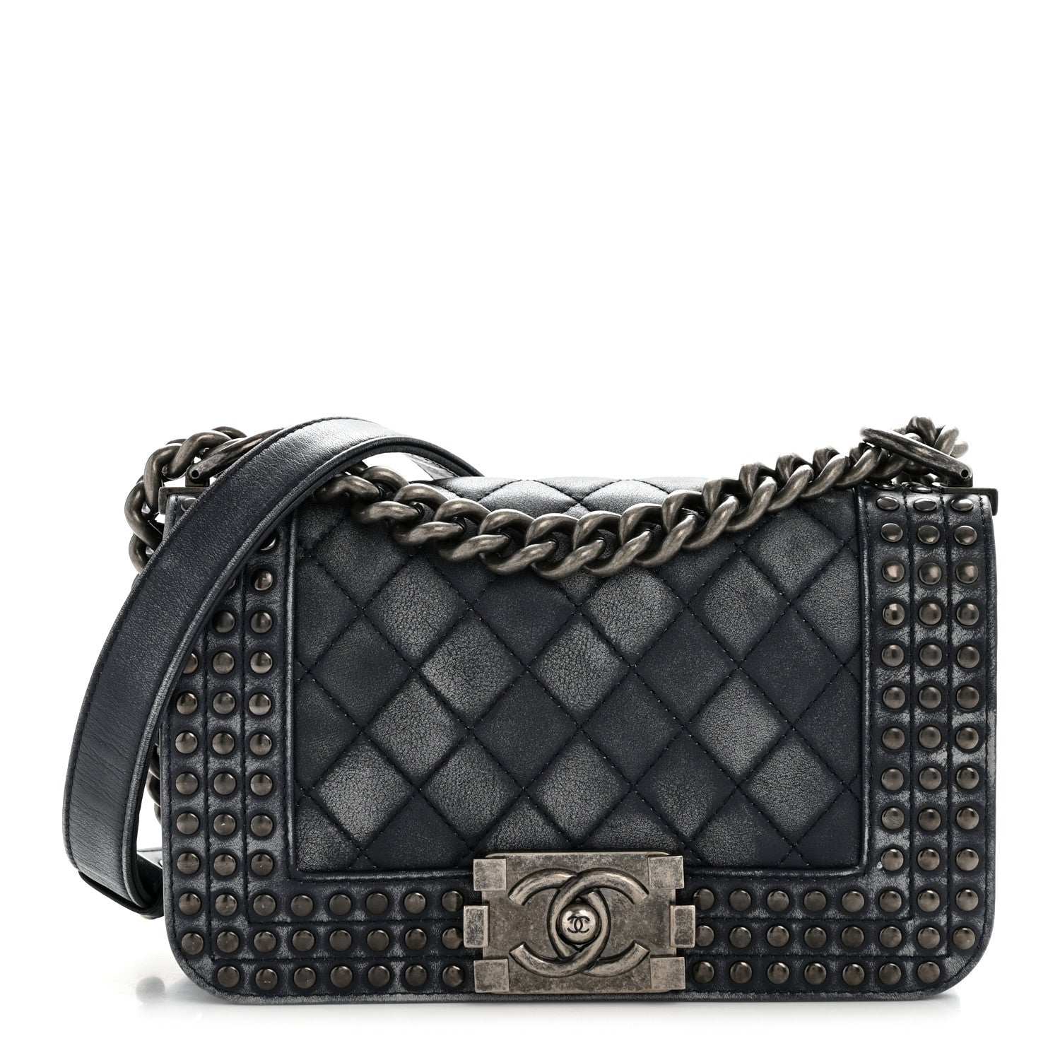 Chanel Faded Calfskin Quilted Small Studded Boy Flap Navy 1 of 13