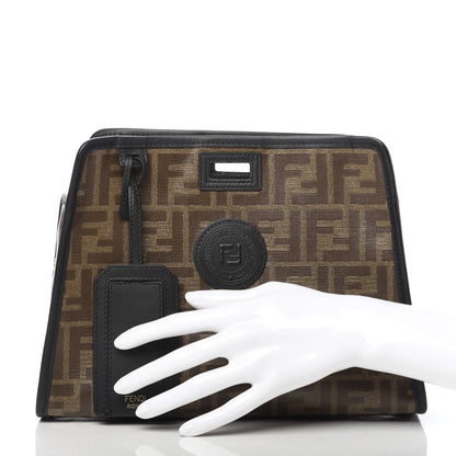 Fendi Glazed Fabric Vitello Century FF 1974 Stamp Patch Mini Peekaboo Defender Cover Mogano Panna Black 2 of 8