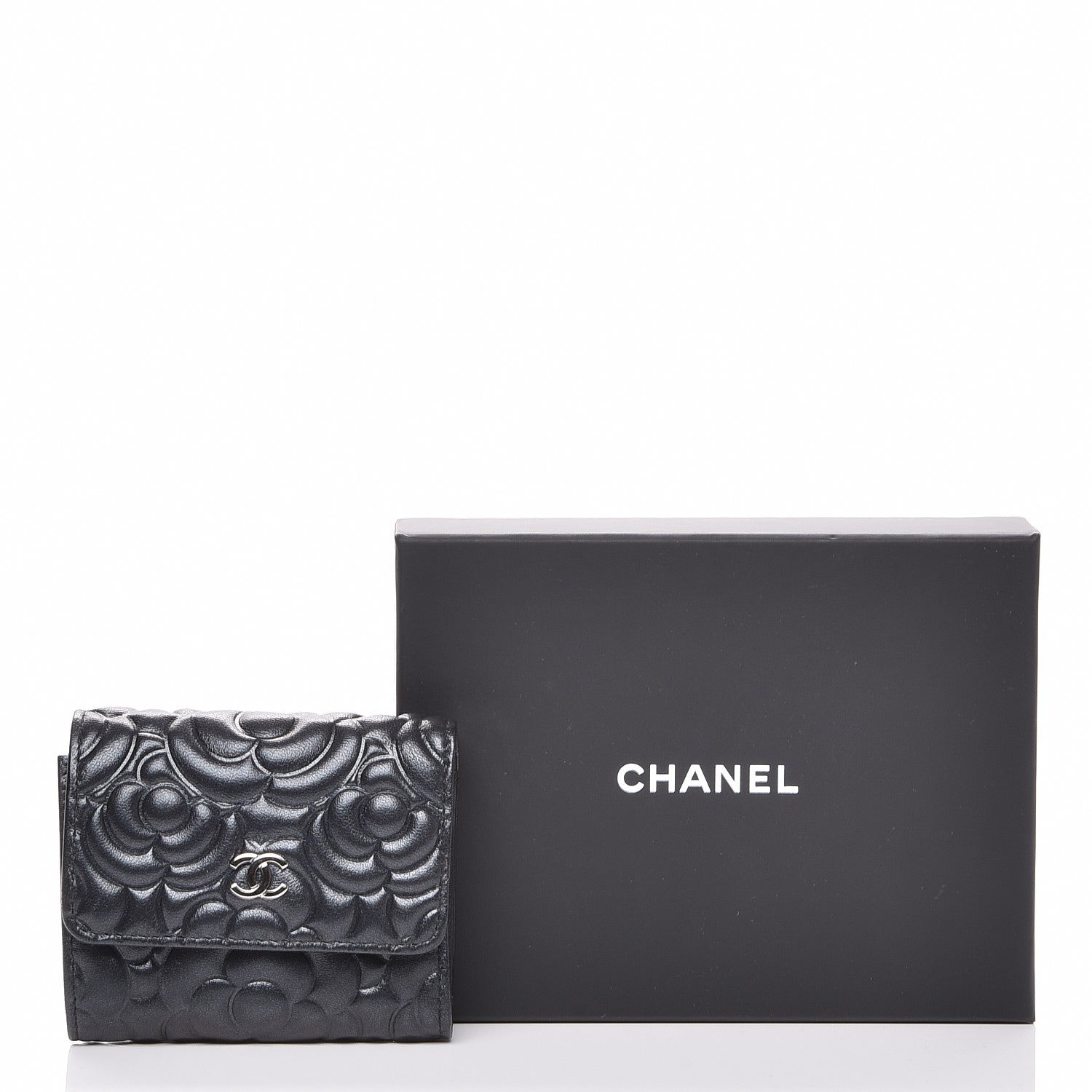 Chanel Lambskin Camellia Embossed Small Double Wallet Black 8 of 8