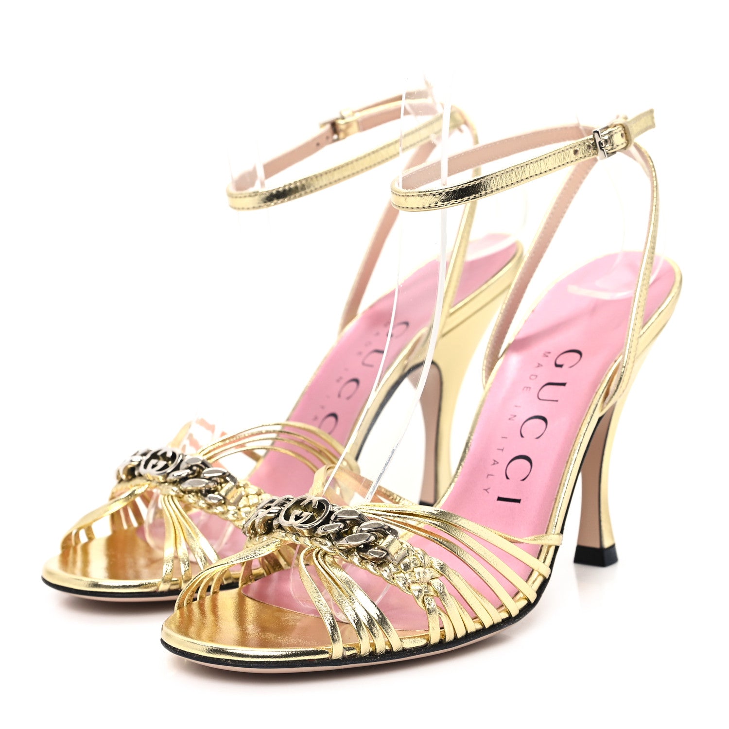 Gucci Metallic Nappa Silk Interlocking G Strap Sandals 35.5 Platino 4 of 9