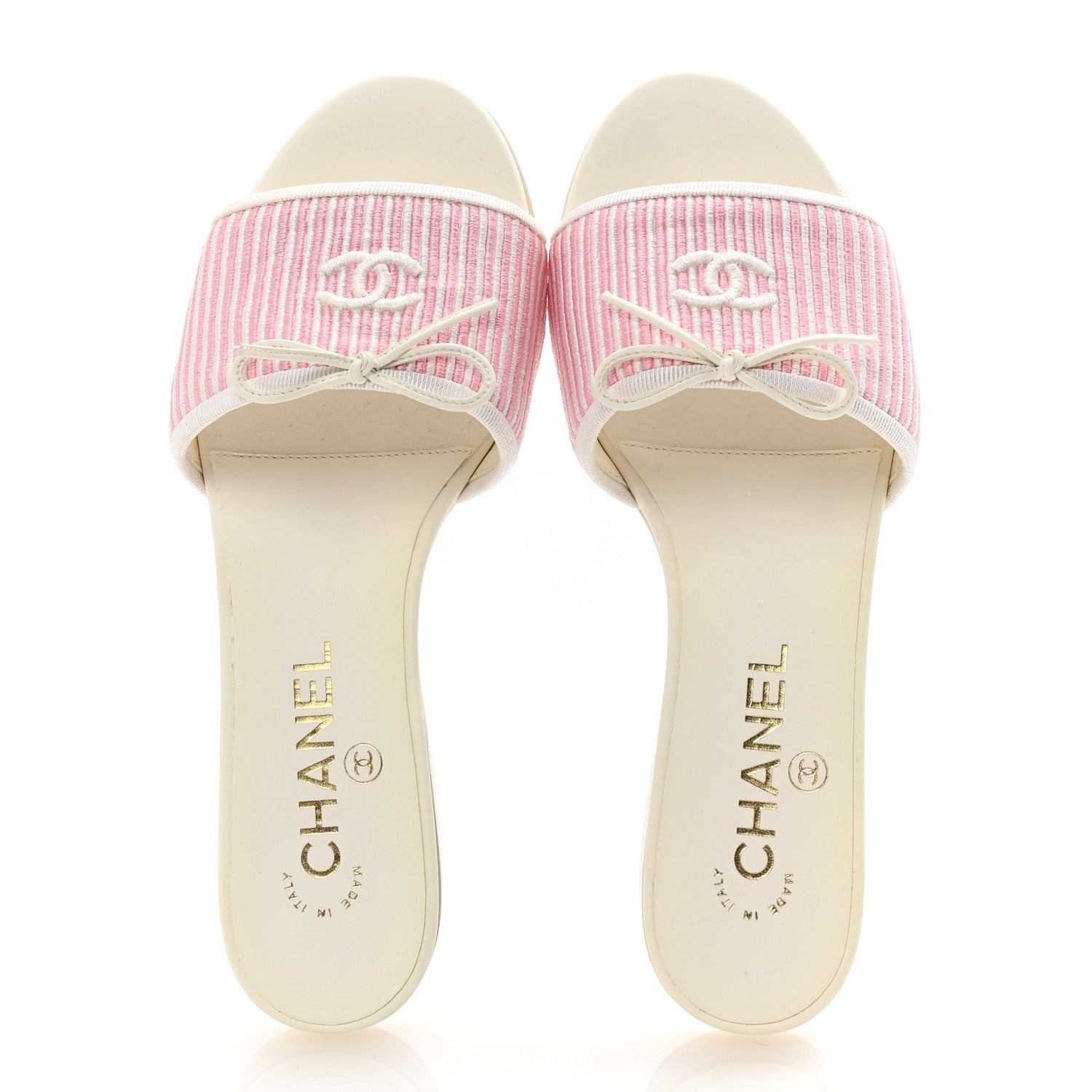 専用CHANEL CC POINTED TOE BOW MULES PINK Chanel Fabric Embroidered CC Bow Mules 36 White Pink 1728833