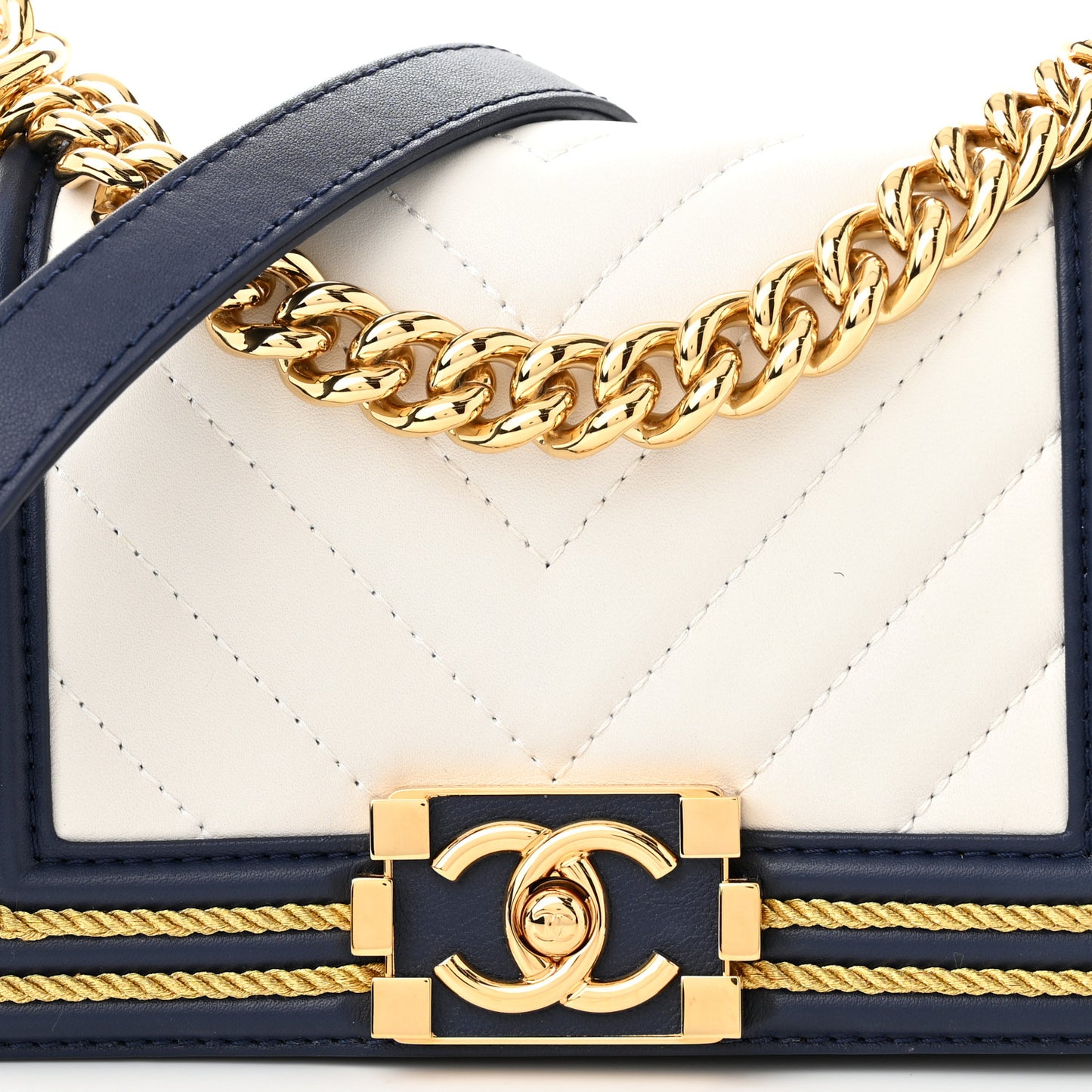 Calfskin Chevron Quilted Braided Small Boy Flap White Navy