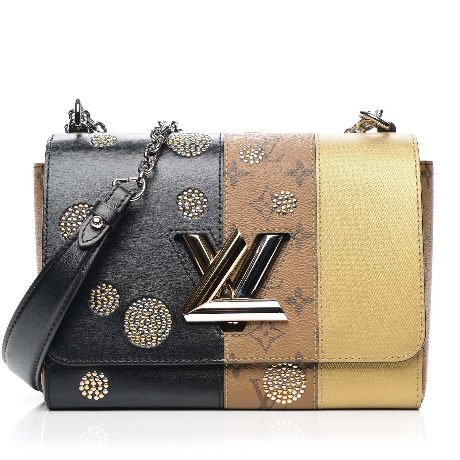 Louis Vuitton Calfskin Reverse Monogram Studded Twist Shoulder Bag MM Black Gold 9 of 9