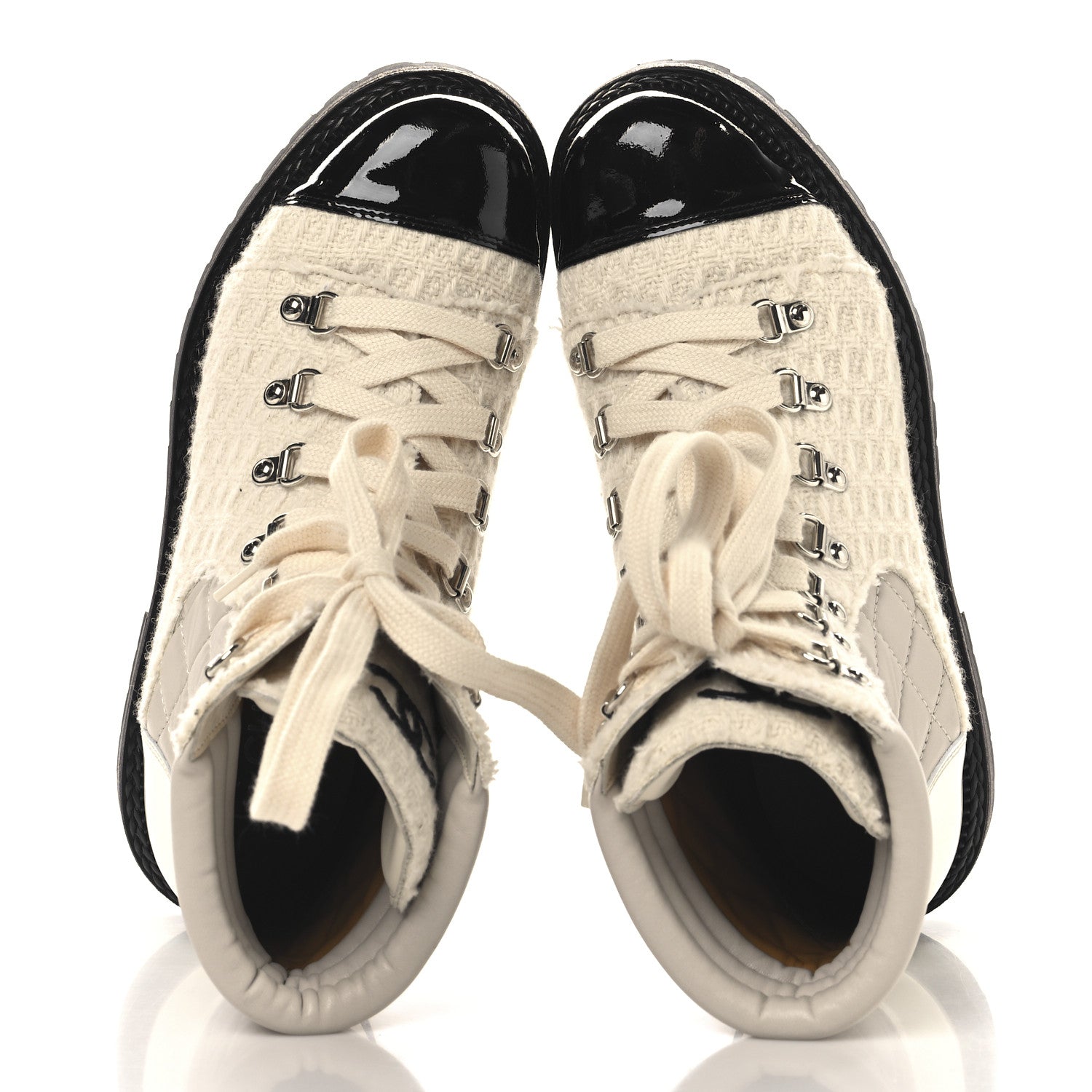 Chanel Tweed Patent Cap Toe Lace Up Short Boots 38.5 White 2 of 9