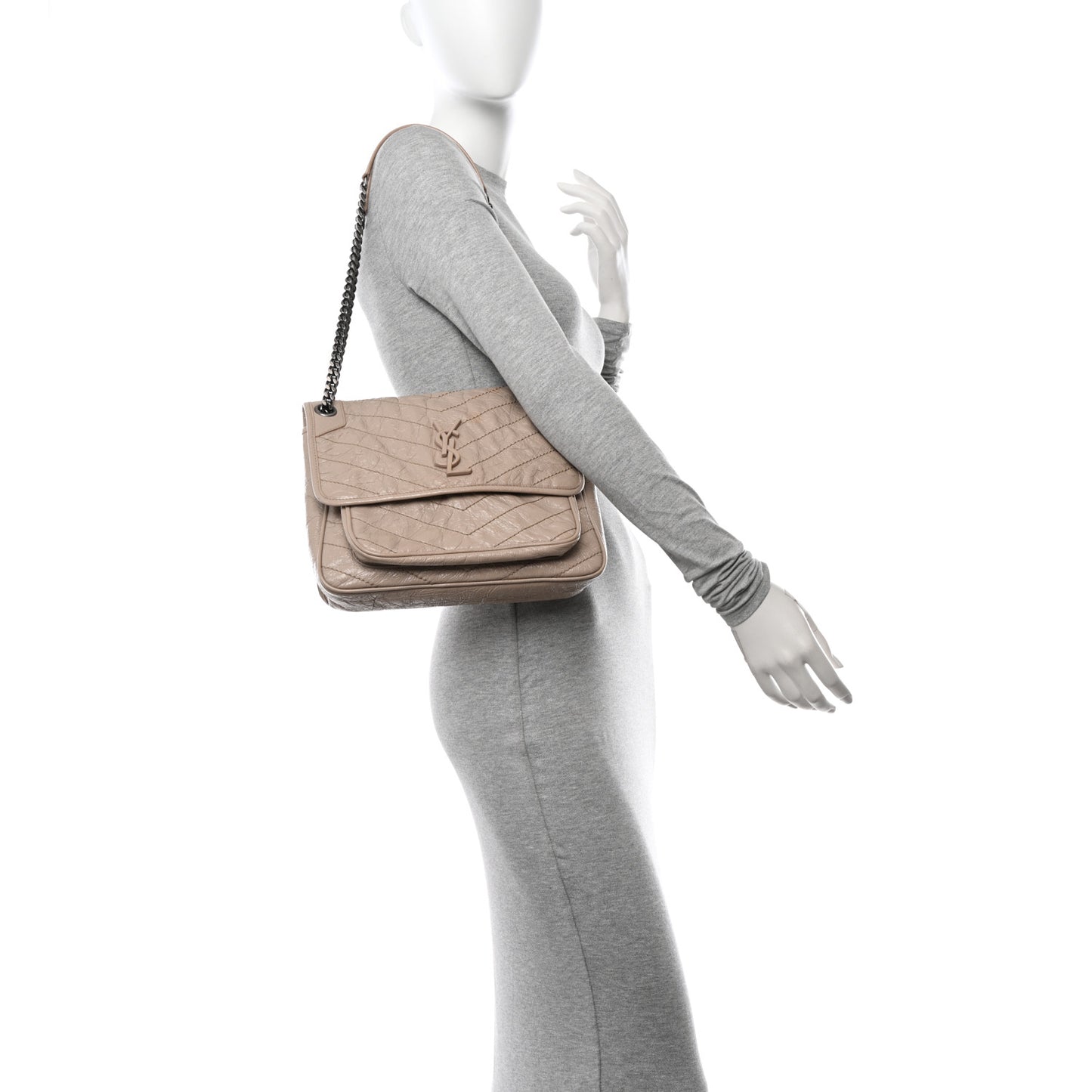Crinkled Calfskin Matelasse Monogram Medium Niki Chain Satchel Light Taupe