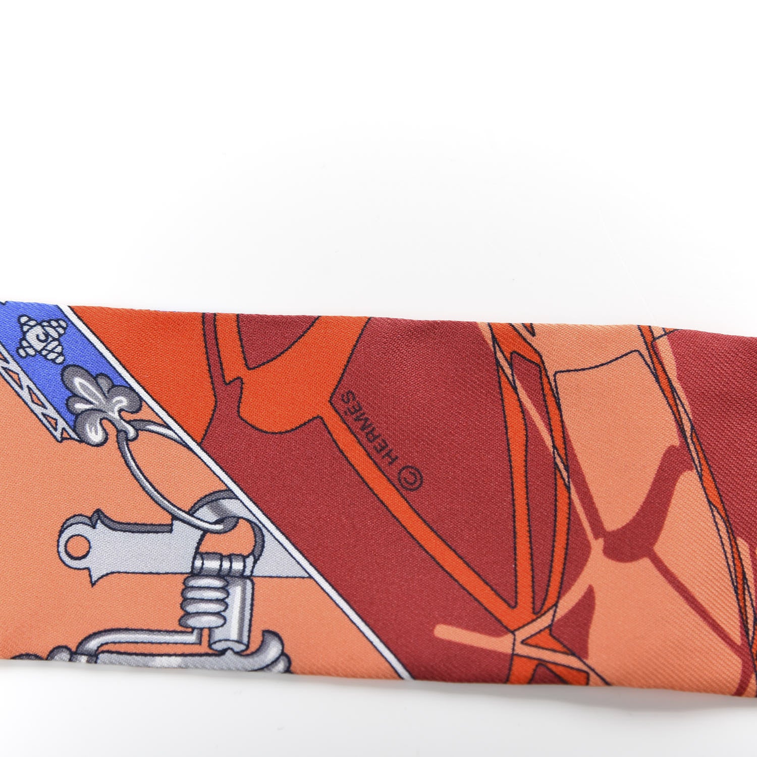 Hermes Silk Caleche Mors Et Bouteilles Twilly Vermilion Corail Bleu 3 of 4